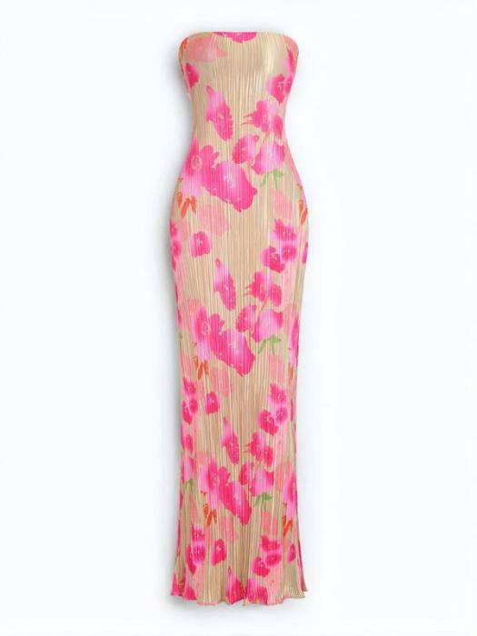 Bellaria – Neon bloom pleats – Strapless midi dress-15148418433408-Santi Vento Atelier