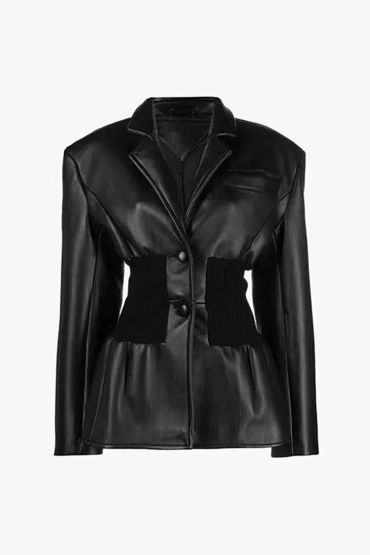 Bettina – Ribbed knit panels – Faux leather jacket-15137995522432-Santi Vento Atelier