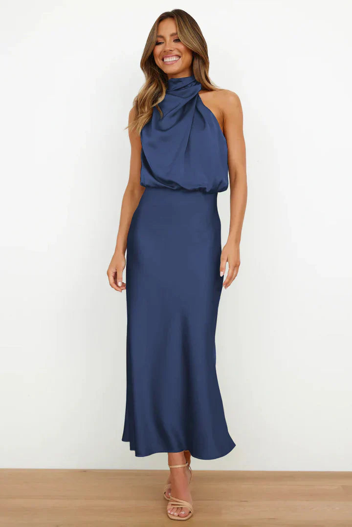 Daisy – Draped neckline – Satin midi dress-15150396932480-Santi Vento Atelier