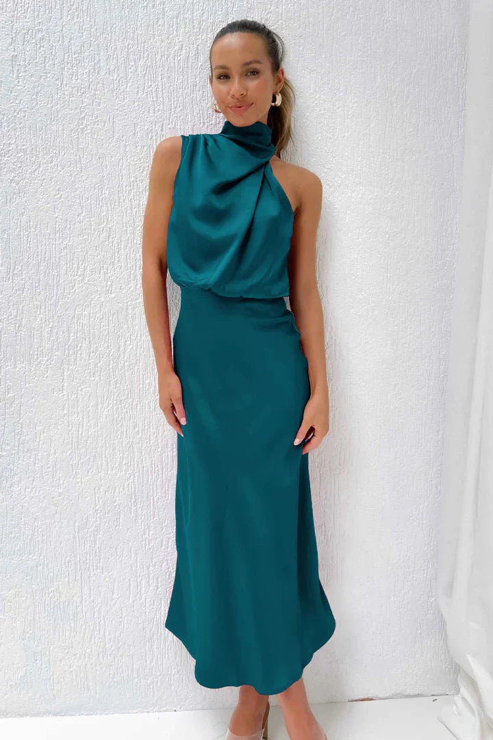 Daisy – Draped neckline – Satin midi dress-15150396932480-Santi Vento Atelier