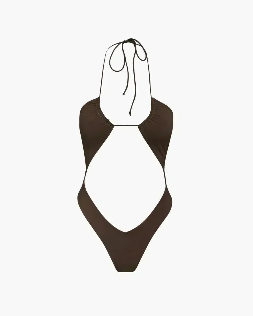 Nixie – V-cut bottom – Espresso one-piece swimsuit-15138007613824-Santi Vento Atelier