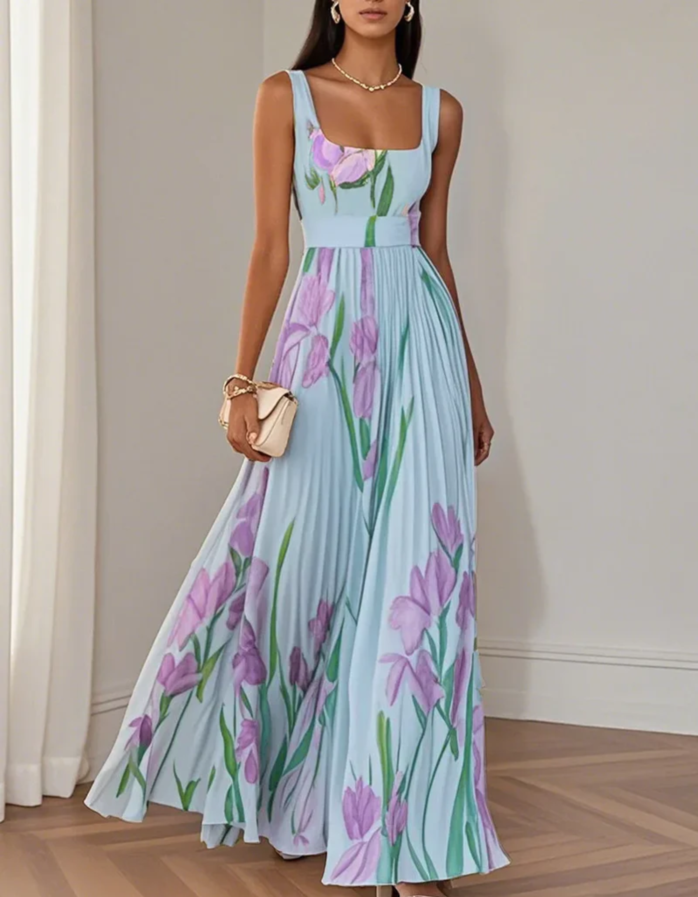 Vivienna – Watercolour floral – Pleated maxi dress