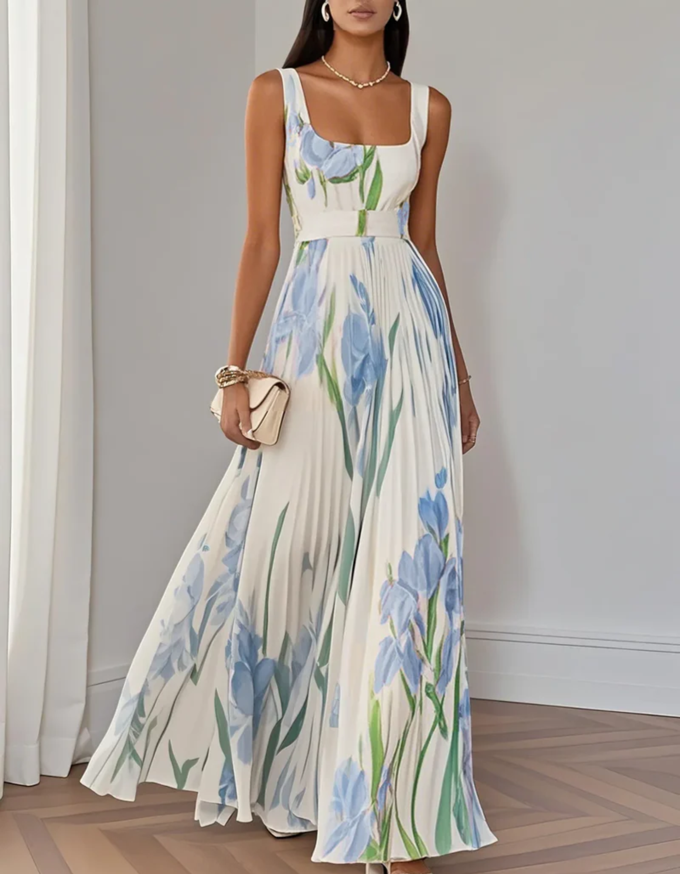 Vivienna – Watercolour floral – Pleated maxi dress