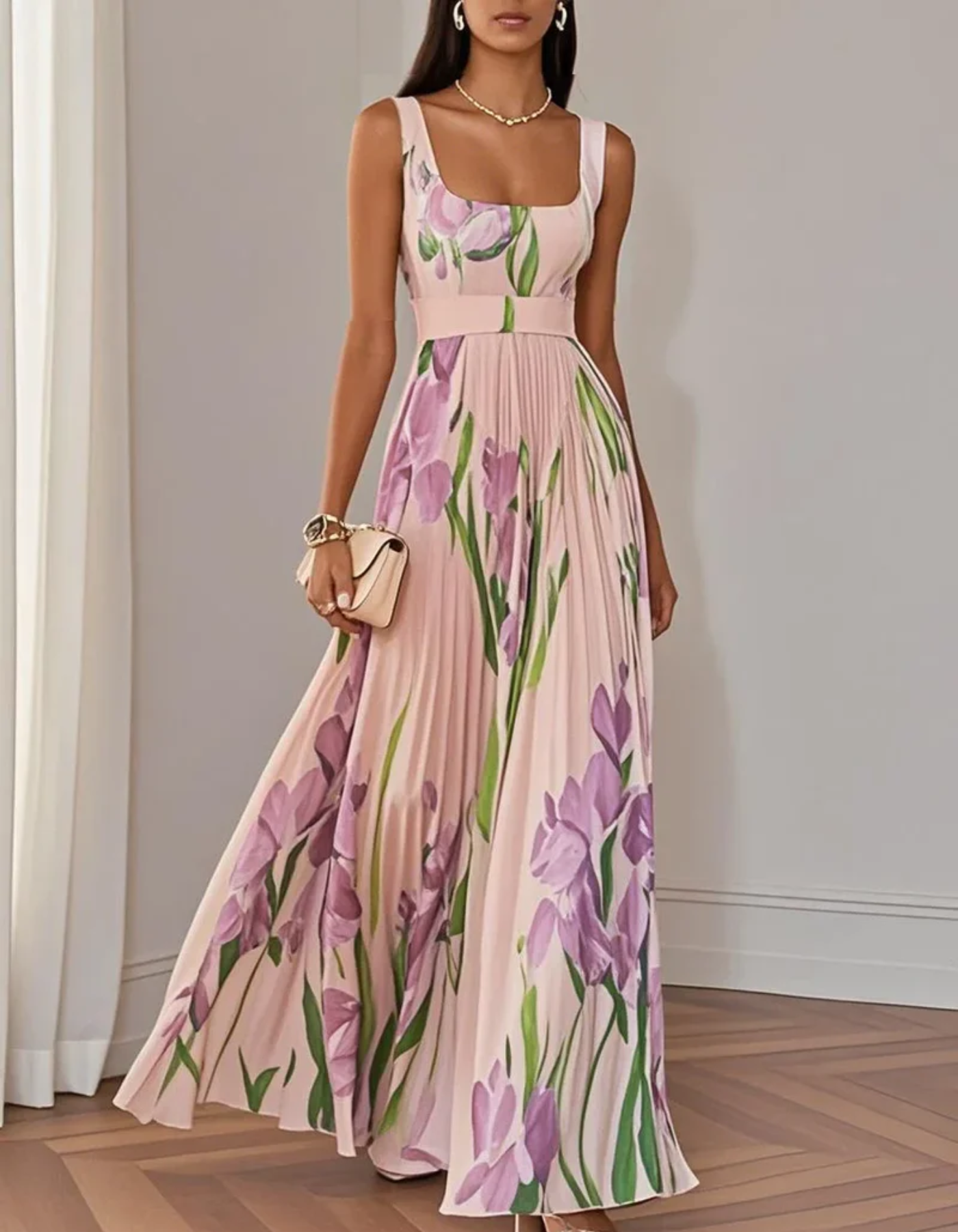 Vivienna – Watercolour floral – Pleated maxi dress