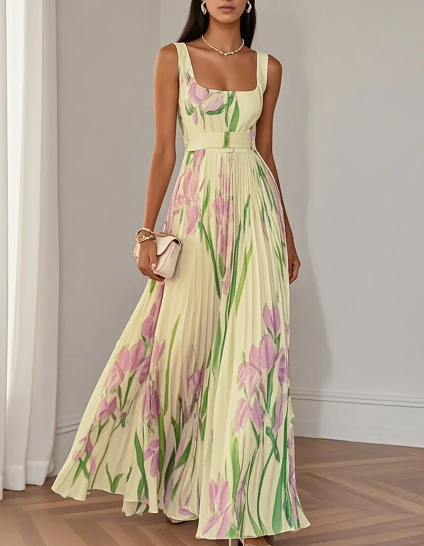 Vivienna – Watercolour floral – Pleated maxi dress