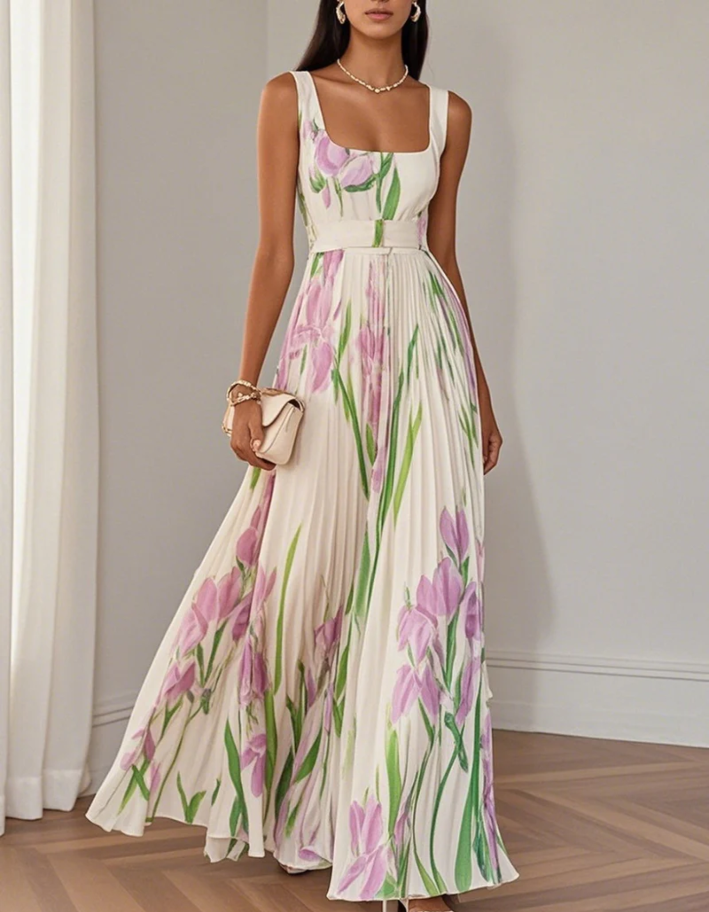 Vivienna – Watercolour floral – Pleated maxi dress
